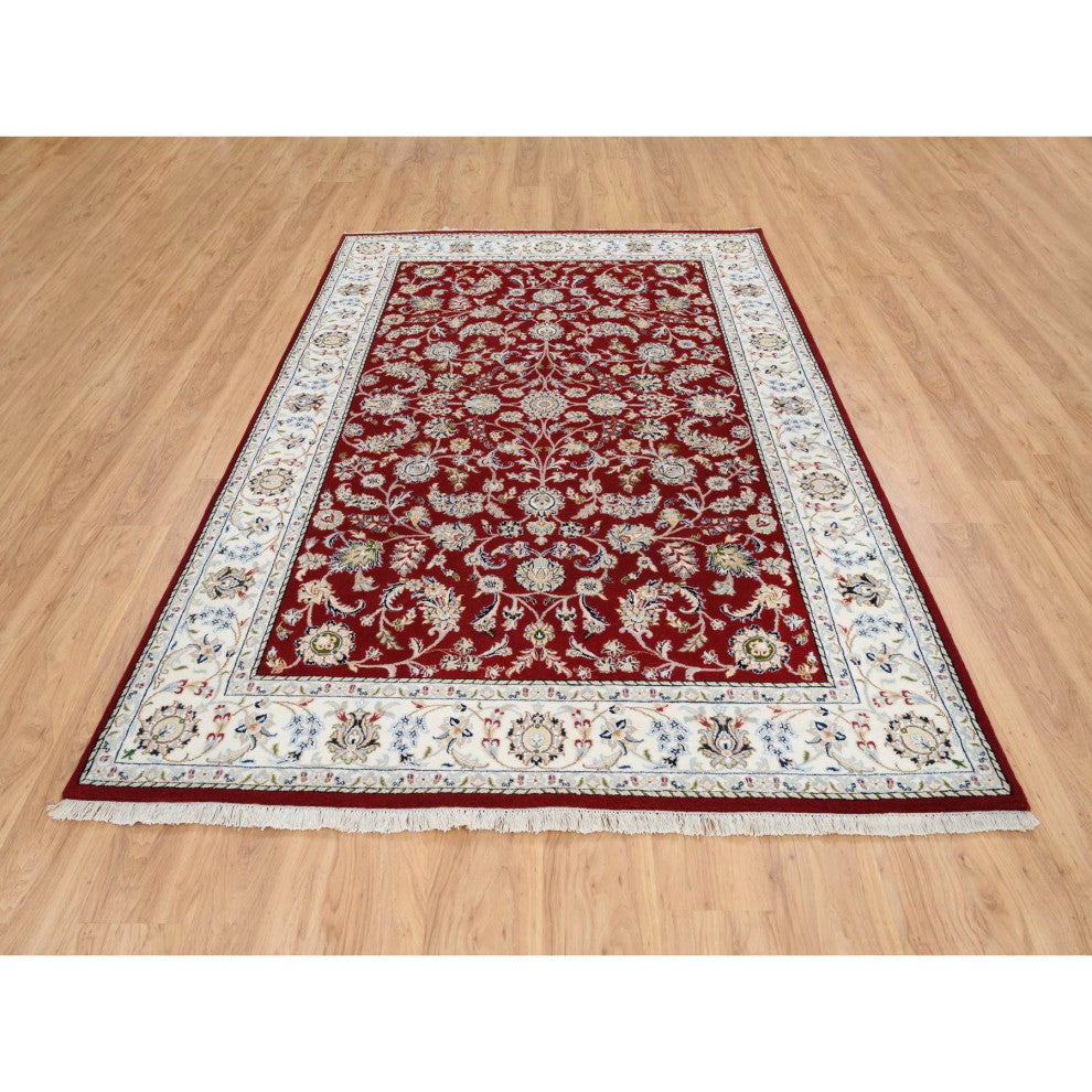 Cherry Red, Nain 250 KPSI, Wool and Silk Hand Knotted Oriental Rug, 6'0"x8'10"