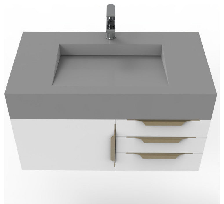 CastelloUSA Nile 36" Wall Mounted Vanity Set, White, Gray Top, Gold Handles