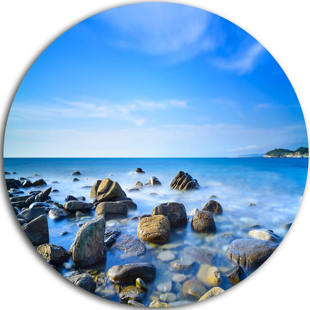 Baratti Bay Rocks In Waters At Sunset, Seashore Disc Metal Artwork, 36"