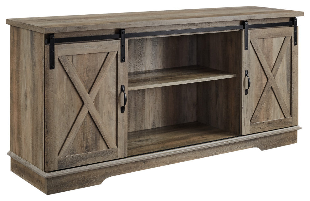58" Farmhouse Sliding Barn Door TV Stand Media Console, Gray Wash