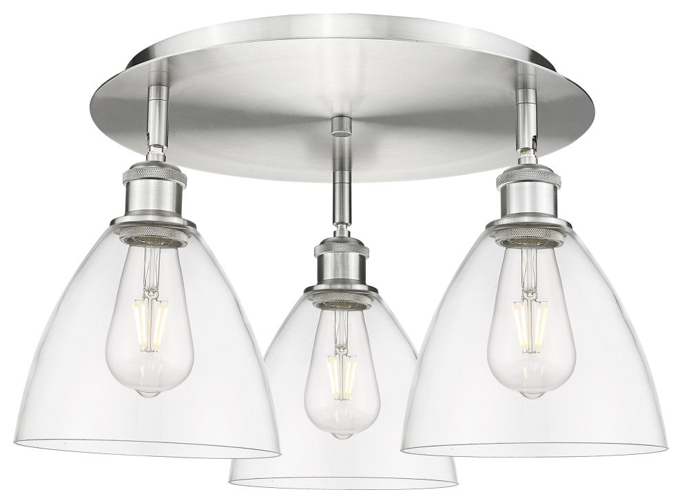 Bristol Glass-3 Light 19" Flush Mount-Satin Nickel, Clear Glass Shade