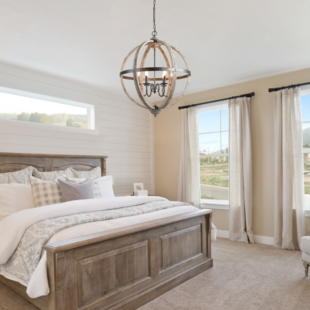 LALUZ 27-in 6-Light Distressed Gray Wood Globe Farmhouse Chandelier