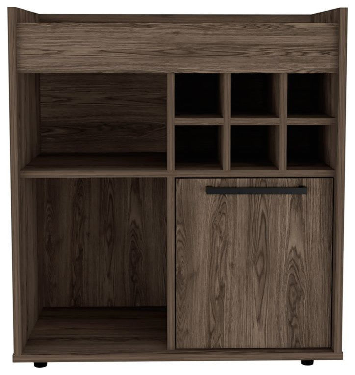 Leeds Bar Cabinet with 2 Open Shelves and 6 Wine Cubbies, Dark Walnut