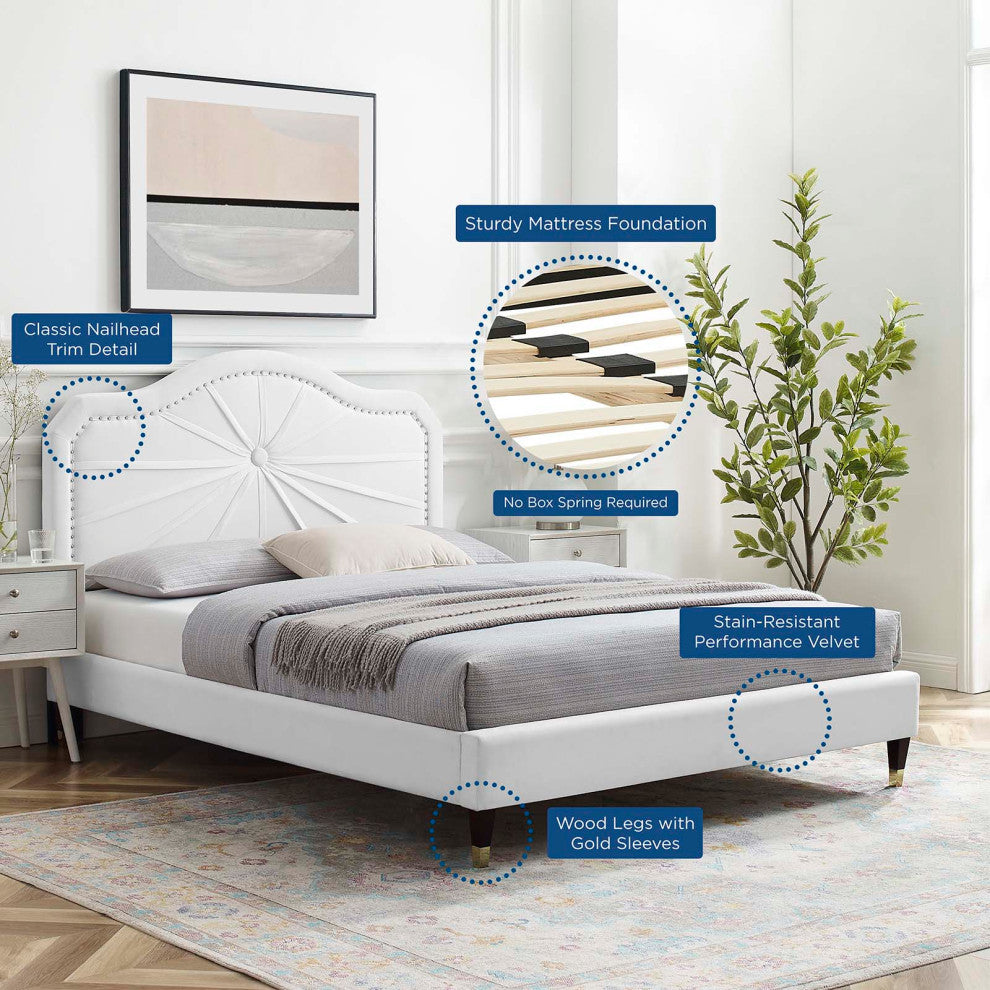 Platform Bed Frame, Full Size, Velvet, White, Modern Contemporary, Bedroom