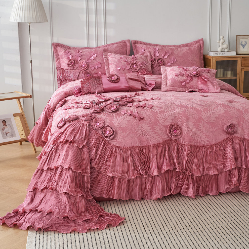 Pink Royal Dreams Faux Satin Ruffle Comforter Set, King