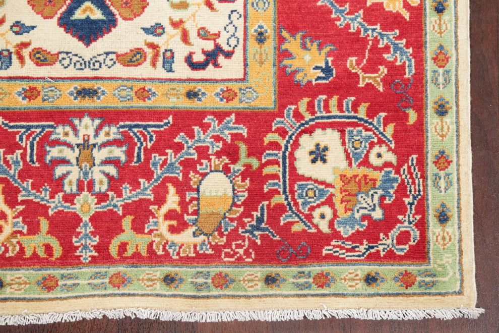 Traditional Super Kazak Bordered Area Rug Oriental Hand-Knotted, Beige, 4 X 6