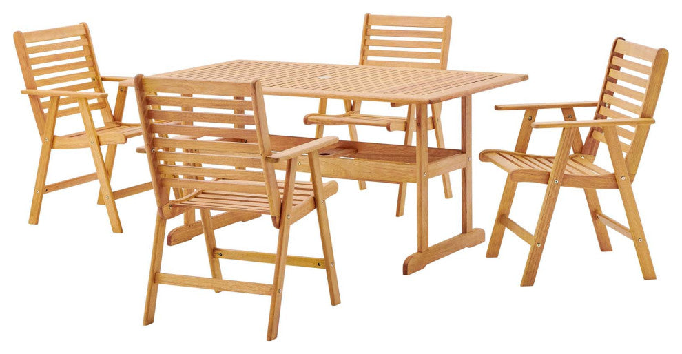 Side Dining Chair and Table Set, Wood, Brown Natural, Modern, Outdoor Patio Cafe