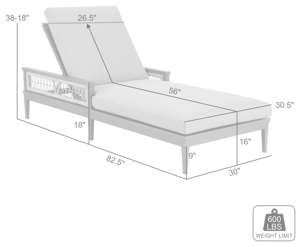 Zella Outdoor Patio Chaise Lounge Chair Aluminum Gray Rope/Earl Gray Cushions