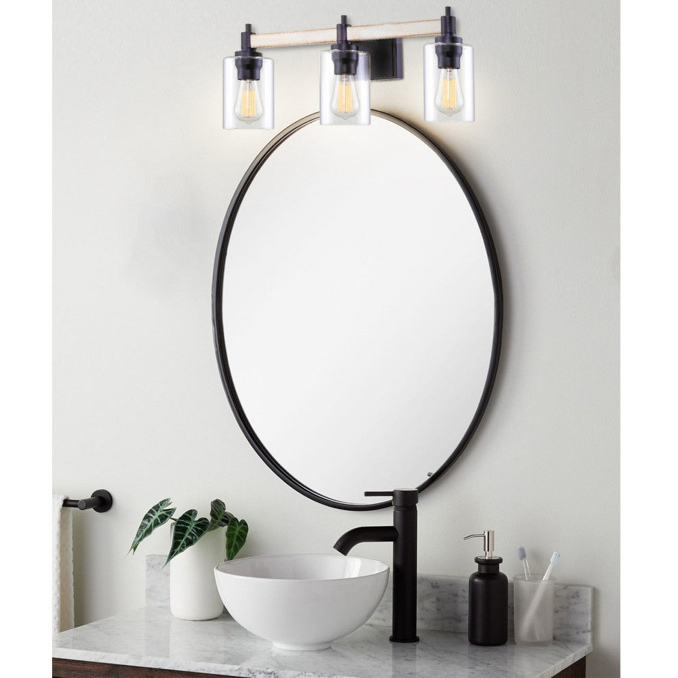 Kira Home Theo 25" Farmhouse Bathroom Light, Cylinder Glass Shades, White Ash