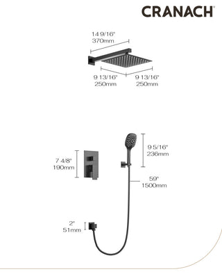 CRANACH CROZET 10-Inch Square Rain Shower System, Multifunction handshower, Matte Black