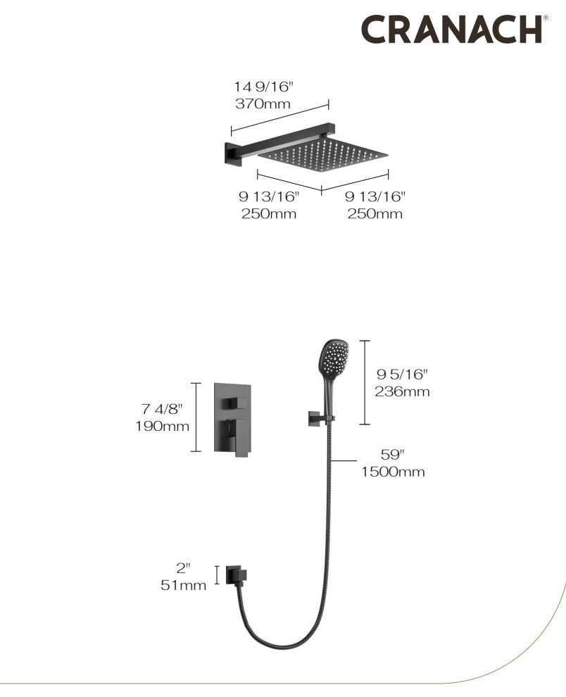 CRANACH CROZET 10-Inch Square Rain Shower System, Multifunction handshower, Matte Black
