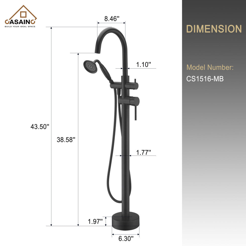 6 GPM Freestanding Bathtub Faucet with Hand Held Shower and Double Handle, Matte Black