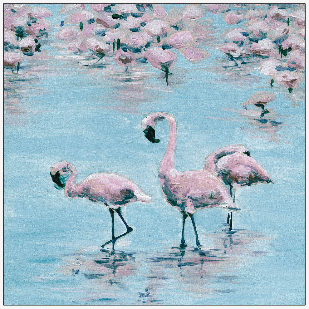 "Three Flamingos" Floater Framed Painting Print on Canvas, 48"x48"