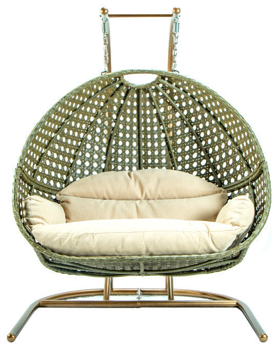 LeisureMod 2 Person Beige Wicker Double Hanging Egg Swing Chair