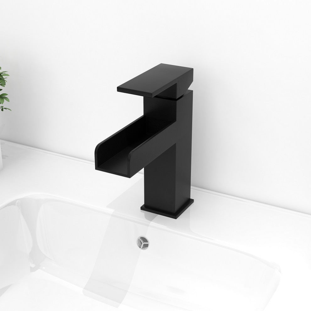 Modern Single Handle One Hole Waterfall Bathroom Sink Faucet Solid Brass, Matte Black