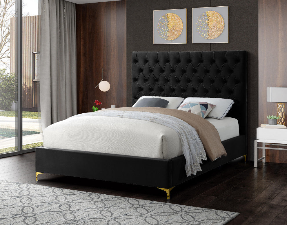 Cruz Velvet Upholstered Bed, Black, Queen