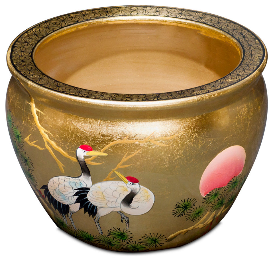12 Inch Gold Leaf Longevity Cranes Fishbowl Planter, With Stand