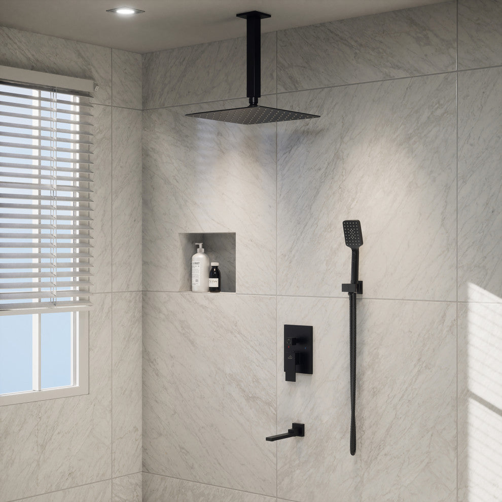 CASAINC 10" Ceiling Mounted Shower System Set w Handheld Spray & Tub Spout, Matte Black