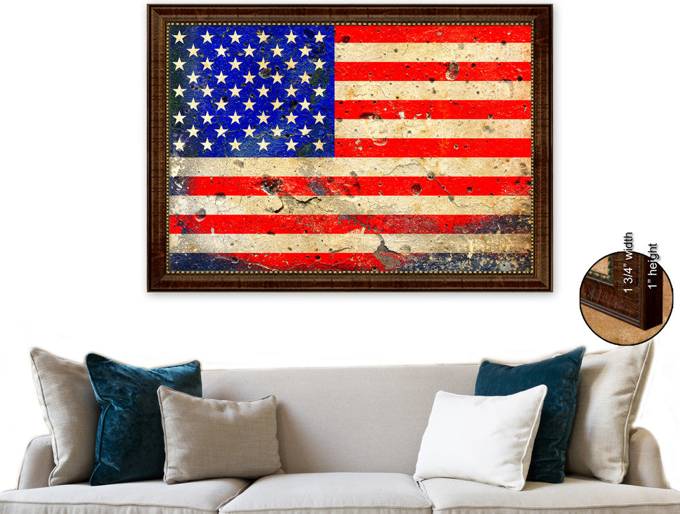America Vintage Flag Print With Brown Gold Frame, 19"X27"