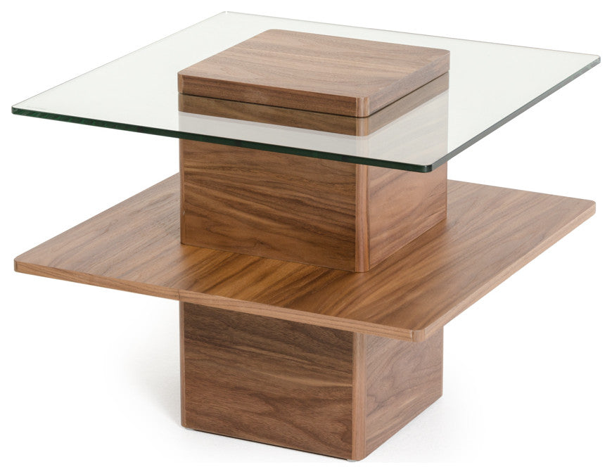 HomeRoots 19" Walnut Veneer and Glass End Table