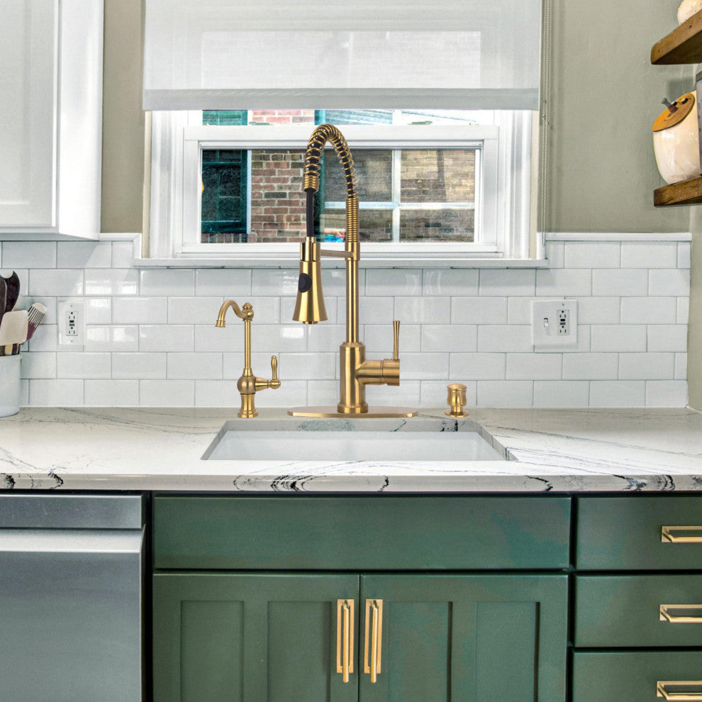 Copper Pre-Rinse Spring Kitchen Faucet with Pull Down Sprayer, Brushed Gold