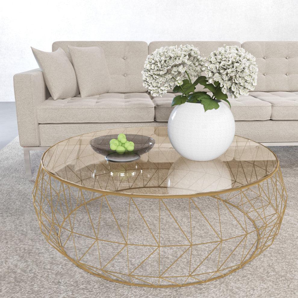 LeisureMod MD39GG Malibu Modern Round Glass Gold Coffee Table With Metal Base