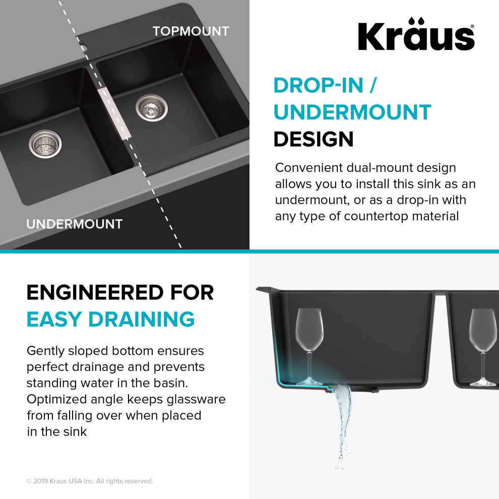 33" Drop-in Undermount Granite Kitchen Sink With Garbage Disposal