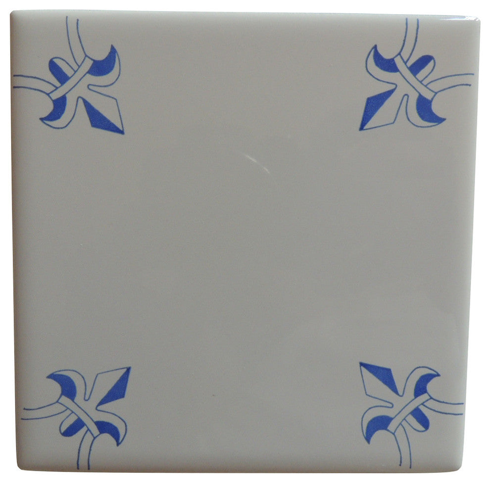Delft Tile Blue and White Tile Fleur De Lis, Delft Style, Blue, Set of 60