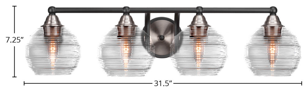 Paramount 4-Light Bath Bar, Matte Black & Brushed Nickel, 6" Clear Ribbed Glass