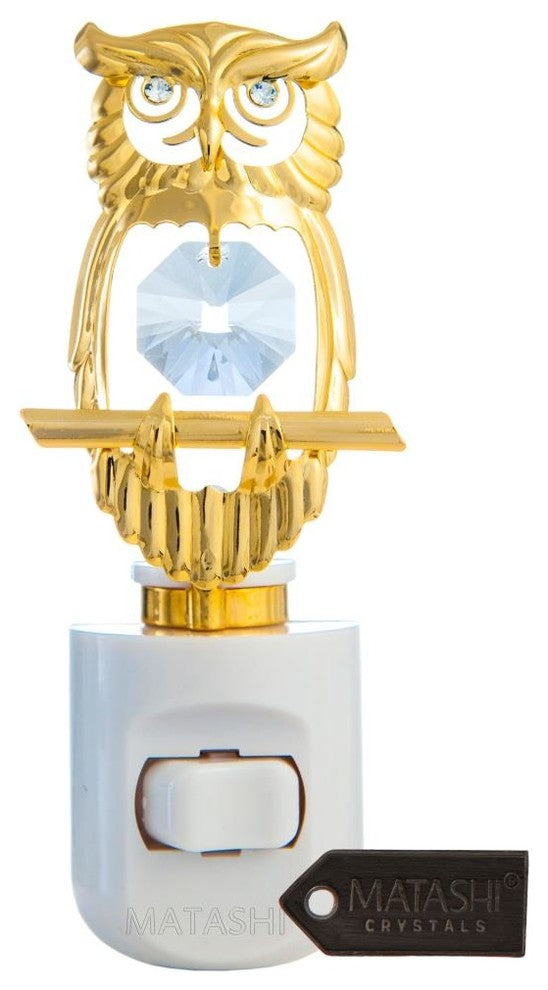 24K Gold Plated Crystal Studded Owl Night Light With White LED Bulb