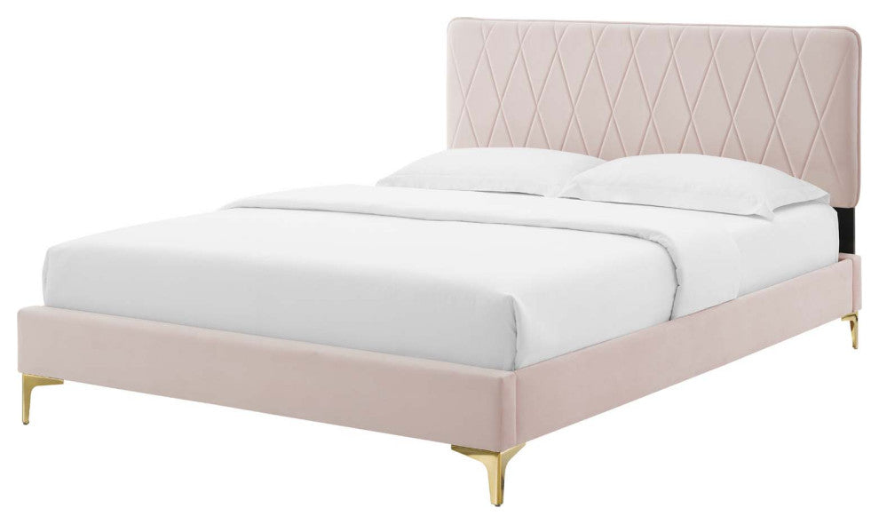 Platform Bed Frame, Queen Size, Velvet, Pink, Modern Contemporary, Bedroom