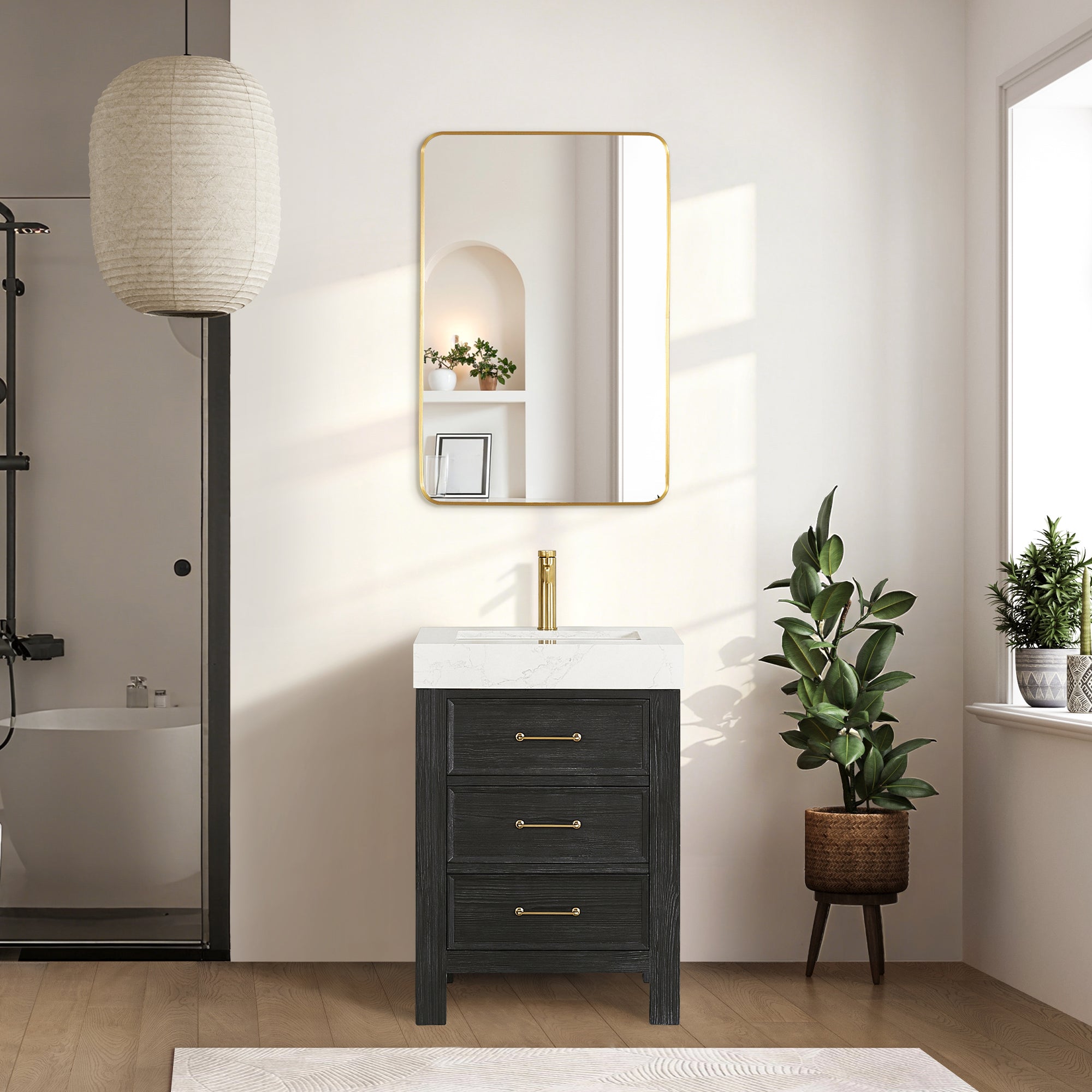 Leon Bath Vanity With Composite Stone Top, Fir Wood Black, 24", With Mirror