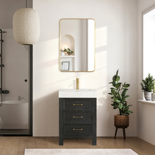Leon Bath Vanity With Composite Stone Top, Fir Wood Black, 24", With Mirror