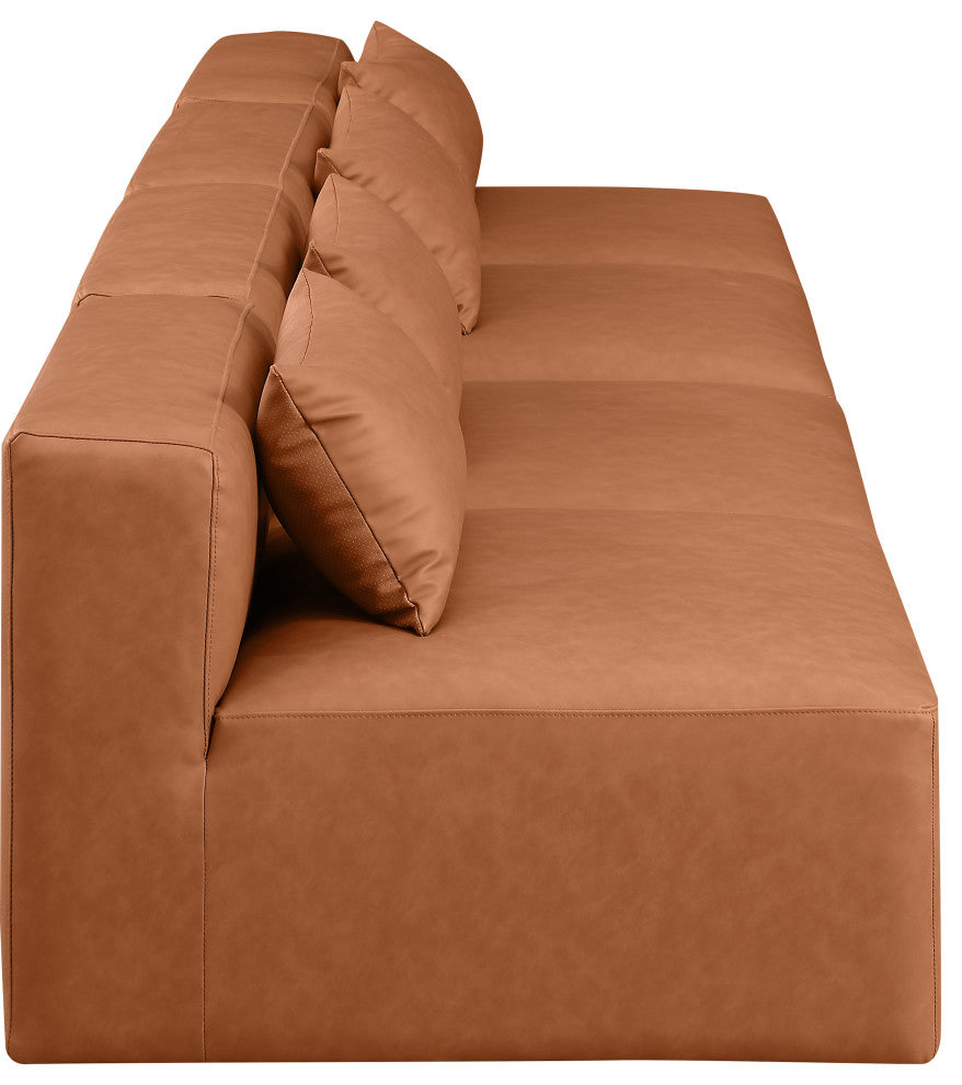 Cube Upholstered Modular Sofa, Cognac, 4-Piece: 4 Armless Chair, Vegan Leather