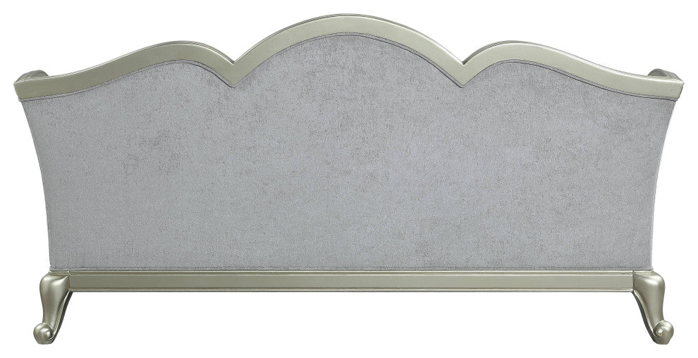 ACME Qunsia Sofa With 5 Pillows, Light Gray Linen and Champagne Finish