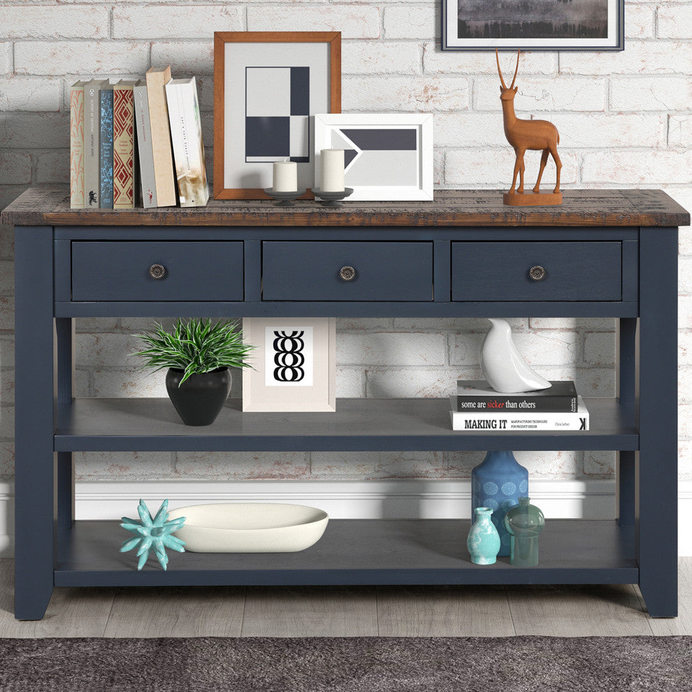 TATEUS 48" Solid Pine Wood Console Table with Storage Drawers, Blue
