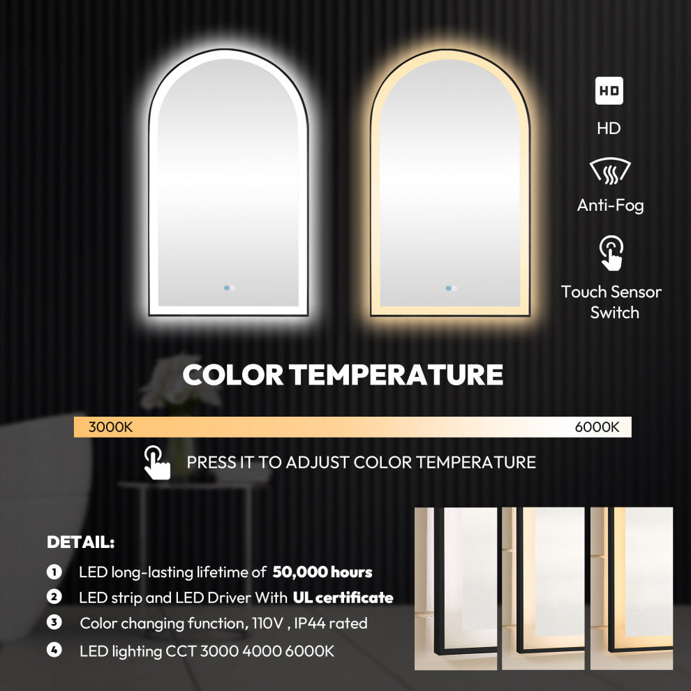 Estartit Oval LED Wall Mount Mirror, Brushed Black, 24" W X 40" H