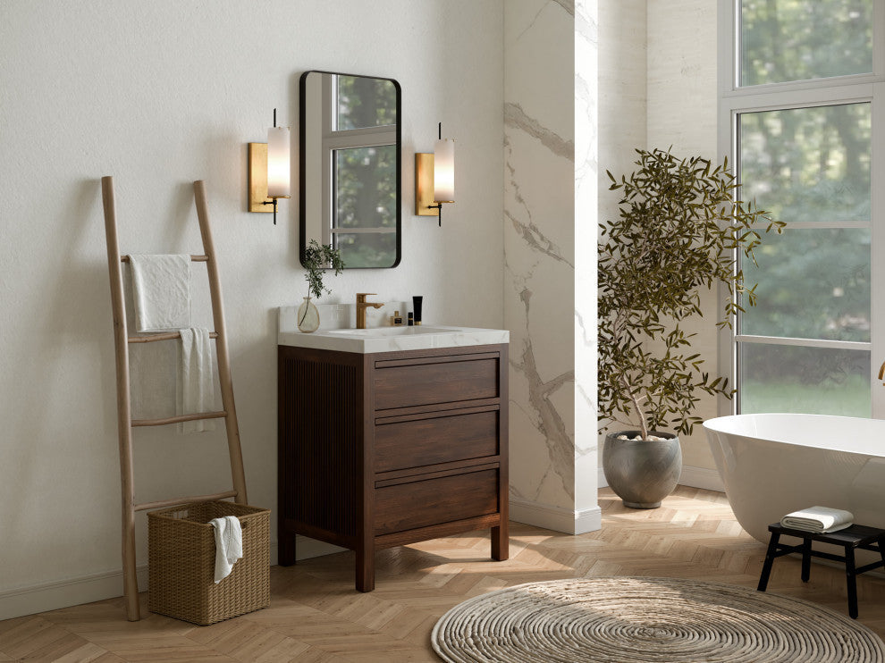 Elizabeth 30 Single Sink Bath Vanity in Dark Walnut Teak 2" Calacatta Nuvo