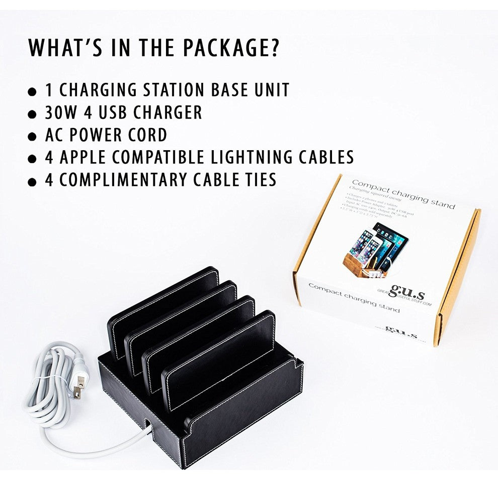 Compact Charging Station With Integrated 4-Port USB, Black Leatherette, With Set