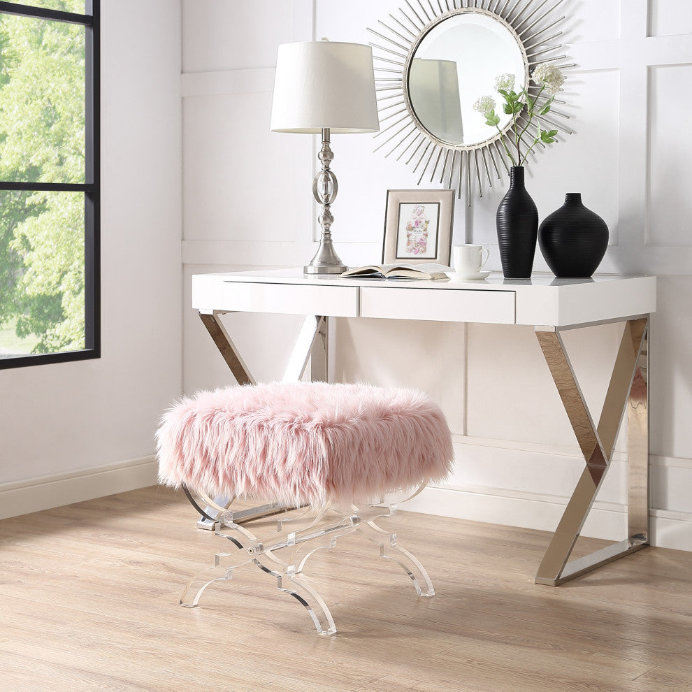 Enzo Faux Fur Acrylic X-Leg Ottoman, Rose