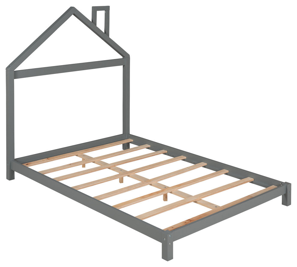 Gewnee Wood Full Size Platform Bed with House Shaped Headboard in Gray