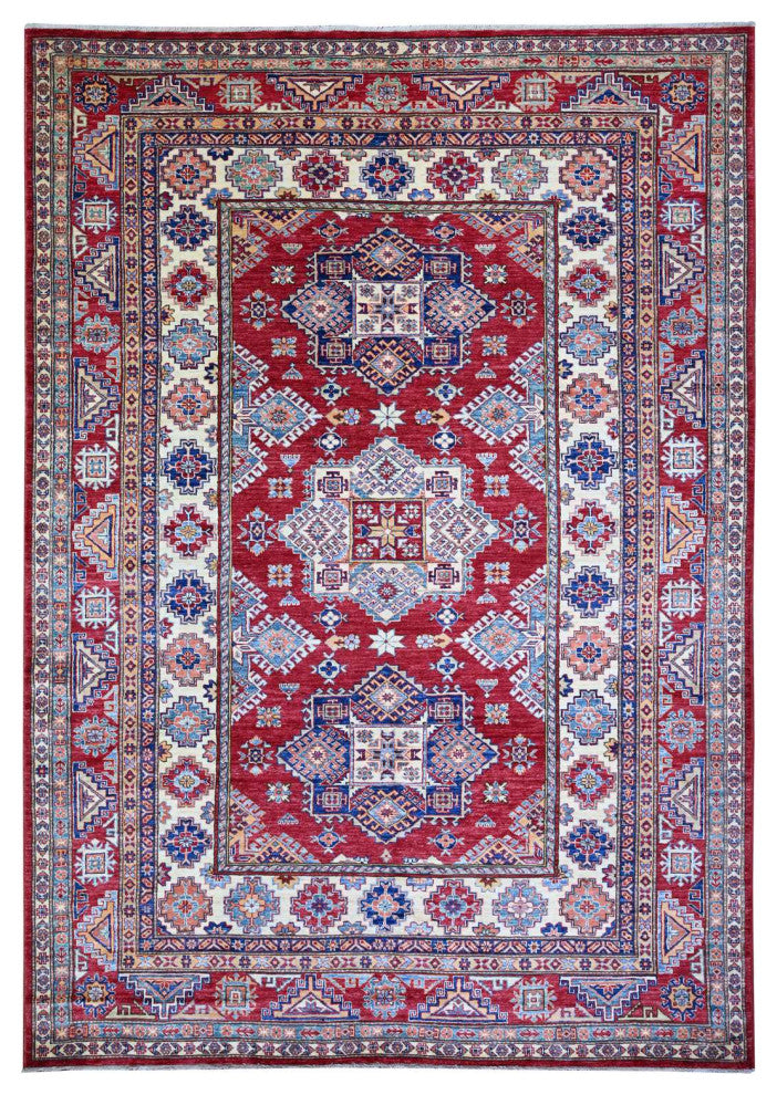 Upsdell Red Hand Knotted Afghan Super Kazak Soft Wool Oriental Rug, 7'x9'11"