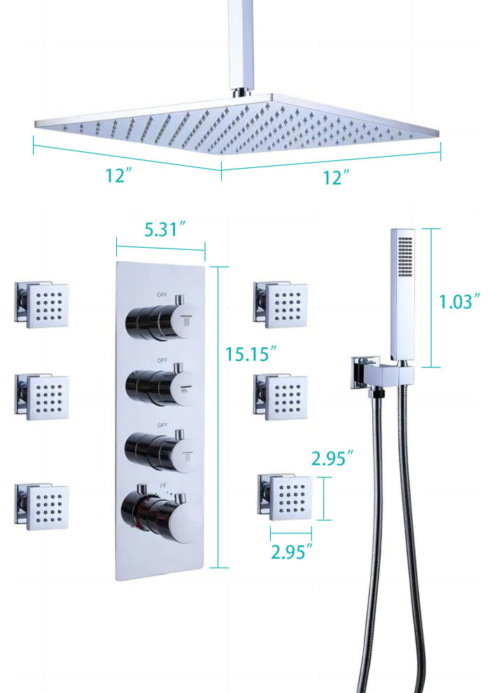 Thermostatic Shower System With Hand Shower and 6 Body Sprays, Chrome