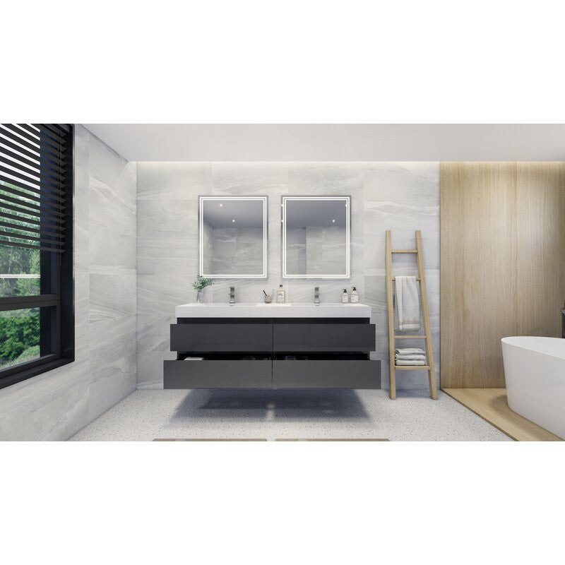 72" Double Sink Wall Mount Vanity, Reinforced Acrylic Sink, High Gloss Gray