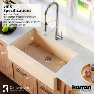 Karran 34" Quartz Farmhouse Single Bowl Workstation Kitchen Sink, Bisque