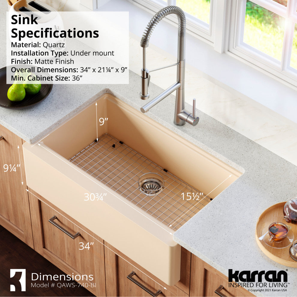 Karran 34" Quartz Farmhouse Single Bowl Workstation Kitchen Sink, Bisque
