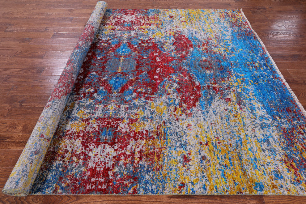 Abstract Hand Knotted Wool and Silk Rug 8' 1" X 10' 2" Q11849