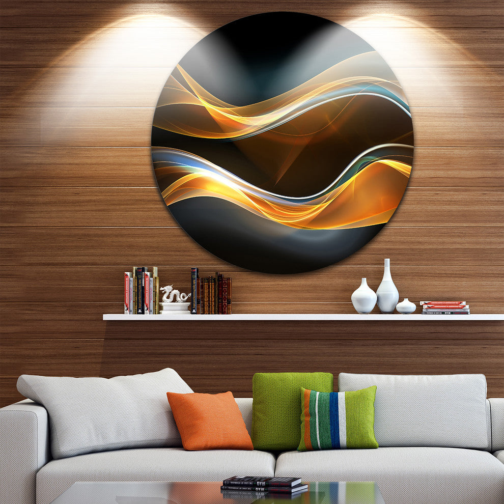 3D Gold Waves In Black, Abstract Digital Art Disc Metal Artwork, 23"