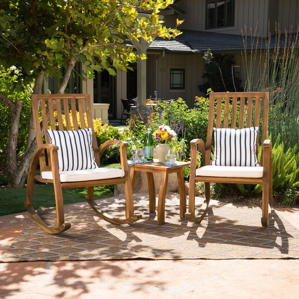 GDF Studio 3-Piece Cattan Outdoor Acacia Wood Rocking Chair Chat Set