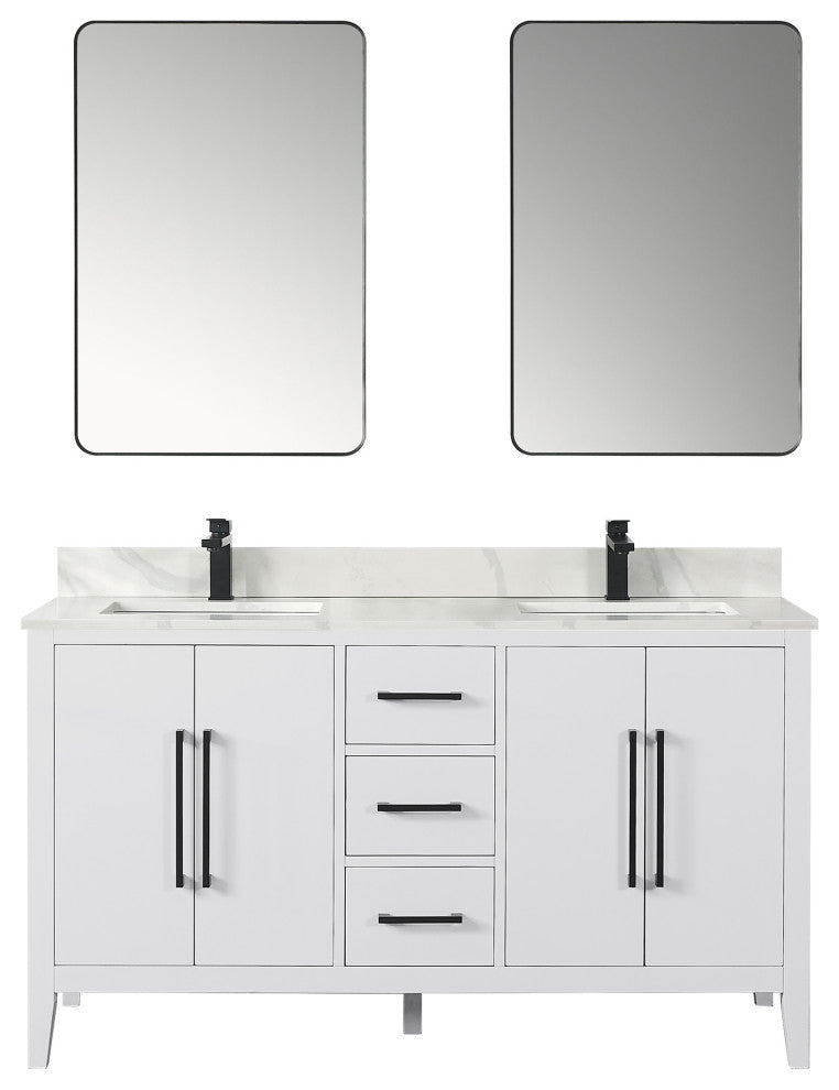 Laurel Bathroom Vanity with Calacatta White Quartz Stone Countertop, White, 60", With Mirror